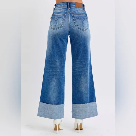 Judy Blue High-Rise Torn Boyfriend Jeans Ultra Wide Leg Cuff Raw Hem Denim Pants - Picture 2 of 16